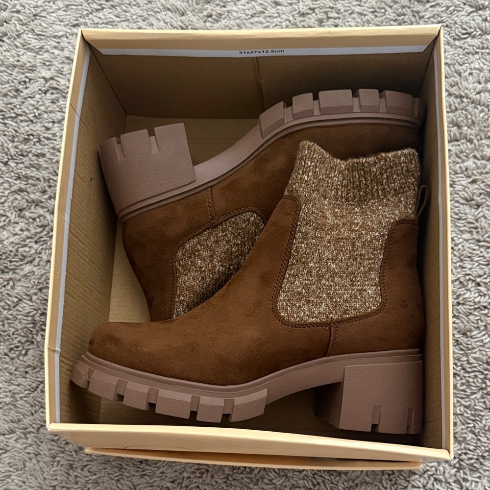 Chelsea Knit-Panel Chunky Booties in Brown